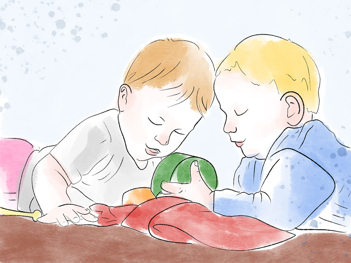zwei liegend spielende Kinder Zeichnung von zwei liegend spielenden Kindern