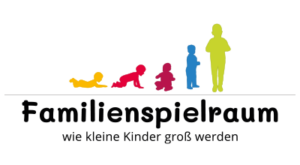 Logo Familienspieilraum fünf Kinder in unterschiedlichen Entwicklungsstadien - vom Liegen über krabbeln und sitzen bis stehend, in fünf fröhlichen Farben, dazu die Schrift "Familienspielraum - wie kleine Kinder groß werden"